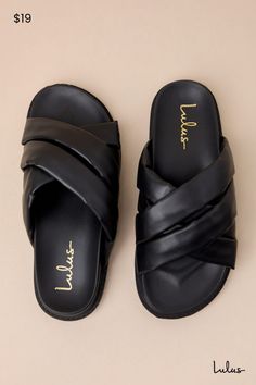 Your summer just got a lot more stylish, and it's all thanks to the trendy vibes of the Lulus Tolleson Black Slide Sandals! Smooth faux leather shapes these must-have sandals that feature an almond-shaped toe bed and a collection of wide, puffy straps that create a crisscrossing vamp. A smooth contoured insole and treaded rubber sole complete the slide-on silhouette. Available in whole sizes only. 1" rubber sole. Smooth insole. Rubber sole has nonskid markings. Man made materials. Imported. Lulus | Tolleson Black Slide Sandals | Rubber Sole. Black Slide Sandals, Boho Shoes, Vacation Shoes, Hawaii Outfits, Casual Formal Dresses, Black Slides, Lulu Fashion, Almond Shaped, Casual Wedding Dress