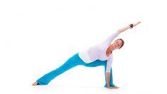 a woman in blue pants and white shirt doing a yoga pose with her arms stretched out