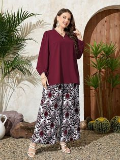 Palazzo Styling, Lantern Sleeved Blouses, Printed Wide Leg Pants, Pantalon Large, Loose Blouse, Plus Size Womens Clothing, Lantern Sleeve, Long Sleeve Pullover, Fashion Online Shop