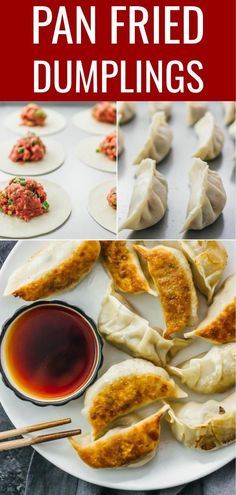 an image of dumplings with sauce on the side and text overlay that reads how to make pan fried dumplings