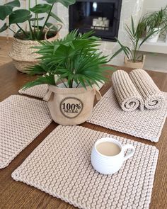 a potted plant sitting on top of a wooden table next to two place mats