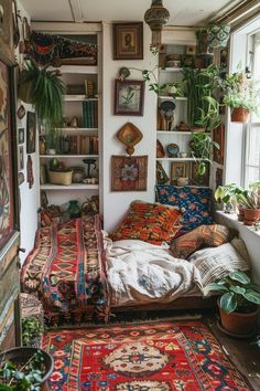 a living room filled with lots of plants and rugs