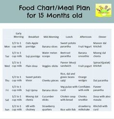 food chart / meal plan for 15 months old