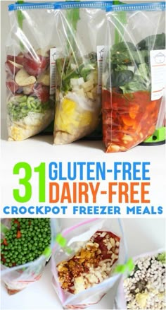 the 31 gluten - free dairy - free crockpot freeze meals are packed in plastic bags