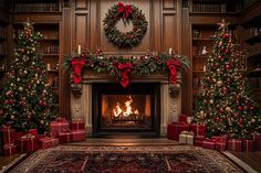 christmas trees and presents in front of a fireplace