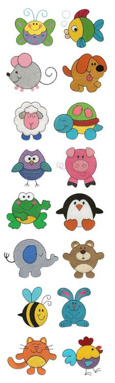 a bunch of different cartoon animals on a white background