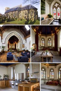 the inside of a church with stained glass windows and wooden furniture in different stages of construction