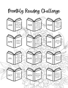 the month reading challenge is shown in black and white with flowers around it, including an open