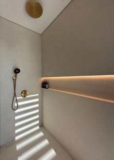 a bathroom with a shower head and light coming through the window