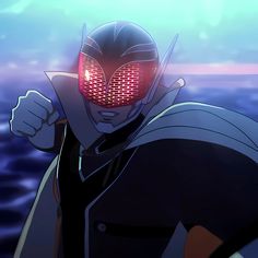 an anime character with glowing red eyes in front of the ocean and blue sky behind him