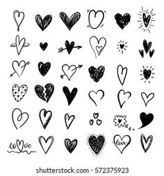 hand drawn hearts on white paper with black and white ink, for valentine's day