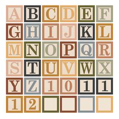 the alphabet is made up of different colors and sizes, including brown, green, blue,