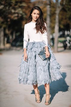 Mihano Momosa dress, Casadei shoes, Bvlgari bag - Paris Fashion Week Spring Summer 2017 Blue Sweater Dress Outfit, Powder Blue Sweater, Air Genasi, Paris Fashion Week Outfits, Feather Outfit, Dress Impress, Whirlwind Romance, Blue Sweater Dress, Chique Outfit