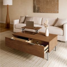 a living room with a couch, coffee table and laptop