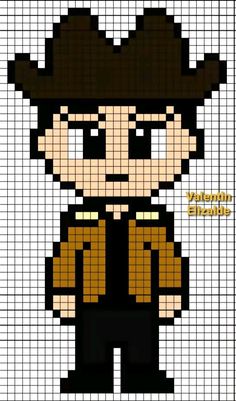 a pixellated image of a man wearing a hat and black shirt with gold accents