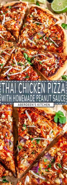 thai chicken pizza with homemade peanut sauce and shredded cheese on top is cut into slices