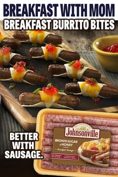 an advertisement with sausages and other foods on it