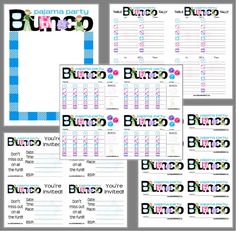 the printable bunco party game is shown in four different colors and font options