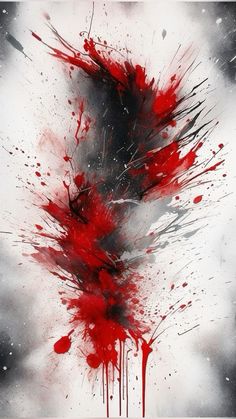 red and black paint splattered on a white background with dark grey clouds in the distance