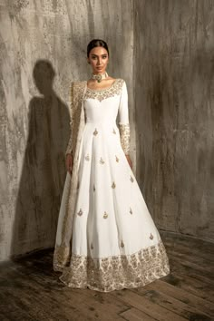 Buy Nikkah Dress for Bride in Pishwas Style, the epitome of tradition and royalty adorned with Hand-crafted details of zari, tilla, and dabka. Custom Sizes Nikkah Dress For Bride, Dress For Bride, Nikah Dress, Desi Dress