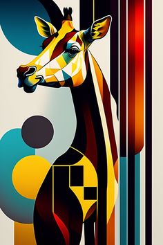 a giraffe is standing in front of an abstract background