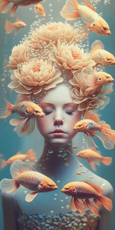 a woman with flowers on her head surrounded by goldfish and water lilies in the ocean