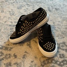 New In Box Never Worn Black Canvas Lace Up Style With Gold Studs Throughout Black Studded Low-top Sneakers, Casual Studded Sneakers, Edgy Black Studded Sneakers, Superga Black, Navy Blue Sneakers, Wool Sneakers, Superga 2750, Superga Sneakers, Superga Shoes