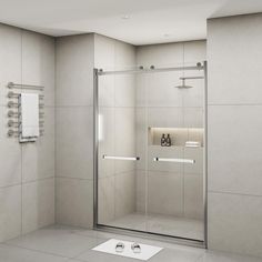 a bathroom with a walk in shower next to a towel rack and toilet paper dispenser