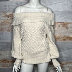 Anthropologie Margo Cream Off The Shoulder Sweater Size Medium Brand New Without Tags. Never Worn. Excellent Condition, No Flaws Anthropologie Large Ivory Margo Off-The-Shoulder Sweater Nwt Brand New With Tags A Shoulder-Baring Silhouette Makes This Knit A Feminine Favorite - Style It With Polished Denim Or A Sweeping Maxi Skirt For A Look That’s Sure To Earn You Compliments. 52% Nylon, 34% Cotton, 6% Wool, 6% Acrylic, 1% Alpaca, 1% Elastane Puffed Sleeves Off-The-Shoulder Silhouette Pullover St Beige Off-shoulder Winter Tops, White Off-shoulder Fall Sweater, Cream Off-shoulder Top For Fall, Cozy Off-shoulder Winter Tops, 2000s Clothes, Off The Shoulder Sweater, Xmas List, Anthropologie Sweater, Puffed Sleeves