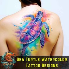 the back of a woman's body with watercolor tattoos on her shoulder and turtle tattoo