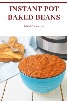 instant pot baked beans in a blue bowl