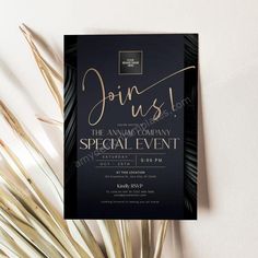 an elegant black and gold event card with the words join us on it, surrounded by palm leaves