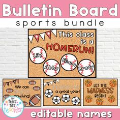 bulletin board with sports balls and words on it