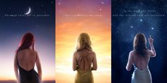 three different images of the same woman in front of an orange and blue sky with stars