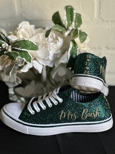 Personalized for your hunter green and gold wedding and made just for you! These hand glittered unbranded canvas are sneakers glittered in a gorgeous dark hunter green glitter called 'Fir' and are perfect for your special wedding day, bridal shower, bachelorette party or wedding weekend.  Personalization is added in gold glitter writing to include name and date.  Please include custom info in the order notes.  Matching glittered trim also available in place of black strip.  See options at checko Emerald Green Quince Vans, Hunter Green And Gold Wedding, Sneakers For Bride, Tiana Wedding, Emerald Green Wedding Theme, Hunter Green Wedding, Sparkle Sneakers, Bling Wedding Shoes, Dark Green Wedding