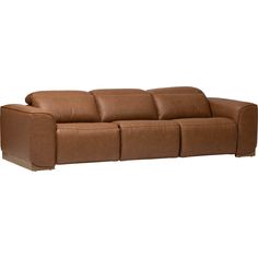 a brown leather couch with two reclinings on the back and one arm extended