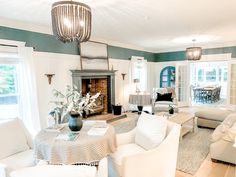 a living room filled with furniture and a fire place in the middle of a room