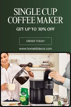 a woman pouring coffee into a cup with the words, single cup coffee maker get up to 30 % off