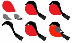 red and black birds sitting on top of each other's heads in different positions