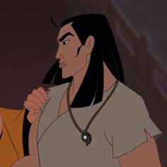 an animated image of a man with long black hair and a necklace on his neck