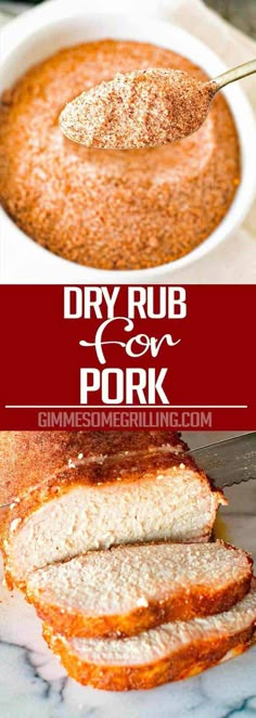 a spoon with some food in it and the words dry rub on pork above it