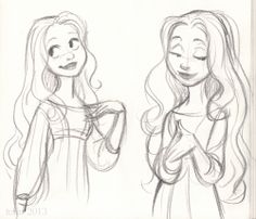 two drawings of girls with long hair, one is holding her hand to her chest