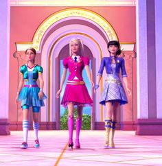 three barbie dolls are standing in front of a pink and purple building with an archway