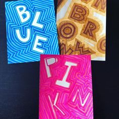 four different colored greeting cards with the word blue in white, pink, and blue