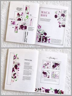 an open book with purple flowers on it and the pages are lined in white paper