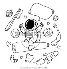 an astronaut is flying through the space with planets and stars around him, black and white drawing