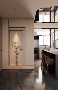 an empty kitchen and dining room with marble flooring