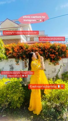 a woman in a yellow dress posing for the camera with her hand on her head