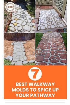 the steps are made out of cobblestones and there is an orange sign that says best walk way molds to spice up your pathway