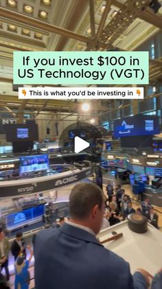 a man in a blue suit is looking at the screen with an ad for us technology vgt